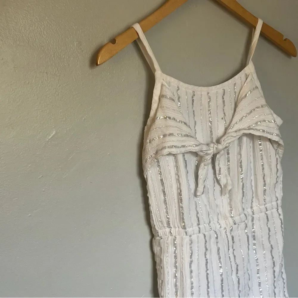 Justice Girl’s Bow Front Silver Sripe Spaghetti Strap Romper Medium White 10